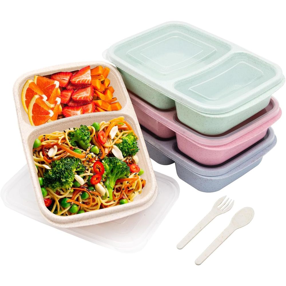 Food Storage Prep Containers - 4パック弁当箱、2つのコンパートメント付き食事準備容器、蓋付き、電子レンジ＆食洗機対応、再利用可能な仕切り付き食品保存容器