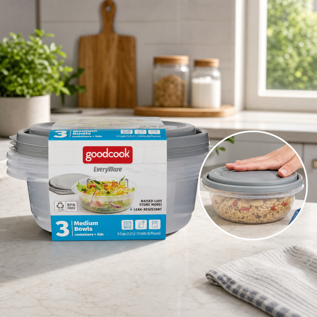 Food Storage Prep Containers - 6個入り丸型5カップ食品保存容器（蓋付き）、グレーのプラスチック製ボウル、食事の準備、パントリー、残り物用