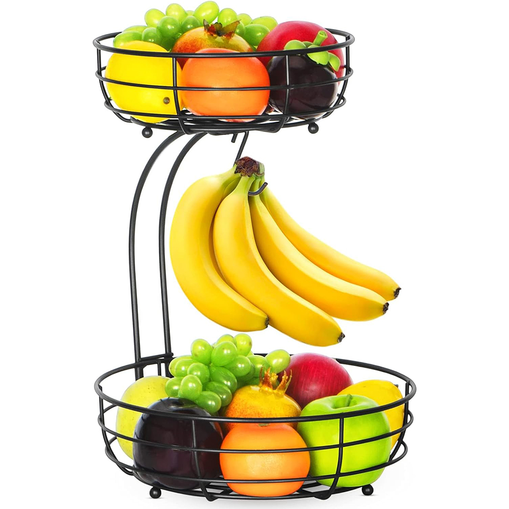 Food Storage Types - LMETJMA 2段カウンタートップフルーツバスケットボウル バナナハンガー付き キッチンメタルワイヤーフルーツスタンドホルダー ストレージオーガナイザー JT312