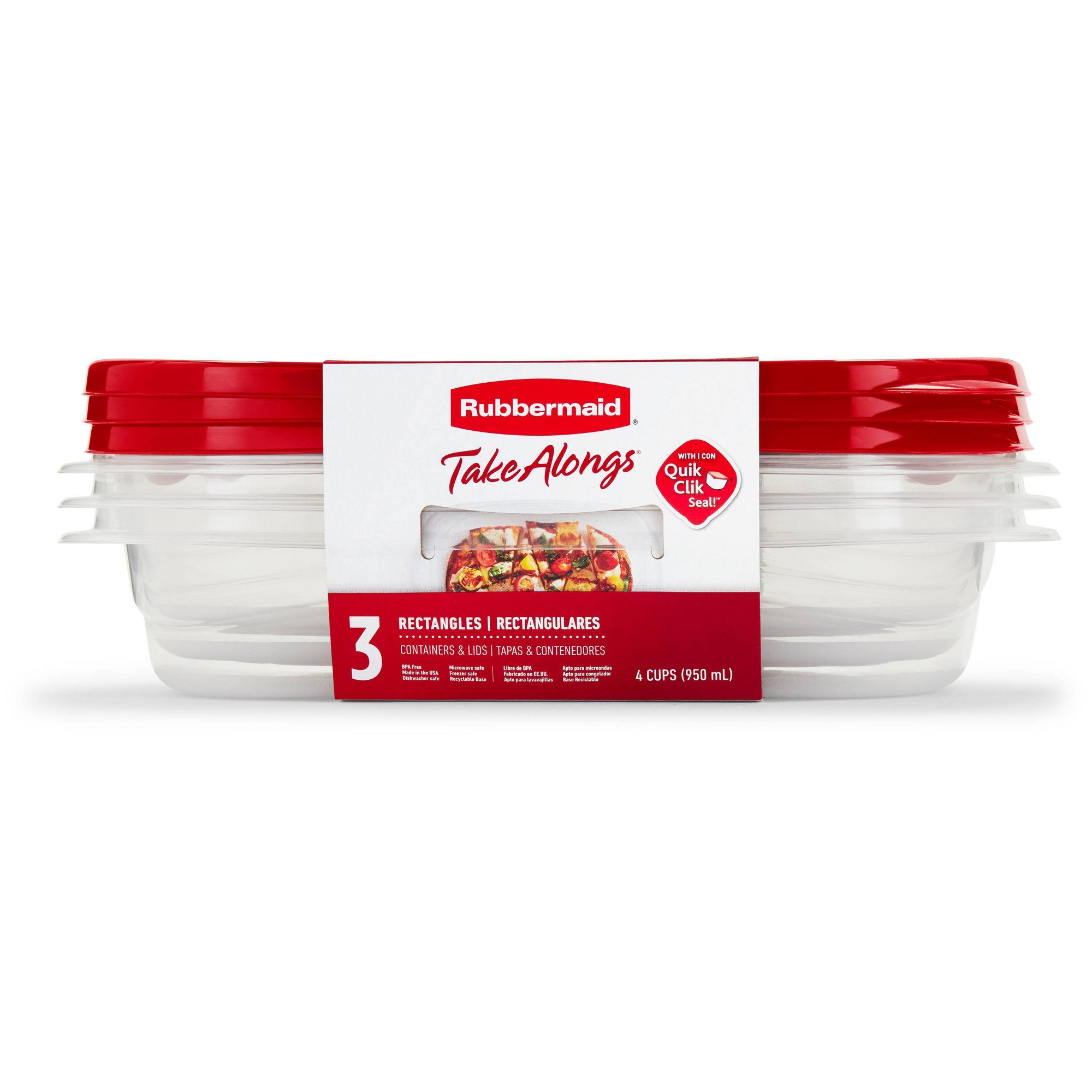 Food Storage Prep Containers - 赤い長方形の食品保存容器3個（蓋付き）、4カップ用の再利用可能な食事準備ボックス（キッチンやランチ用）