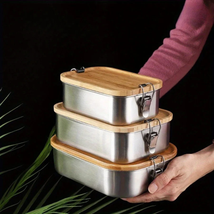 Food Storage Cupboard - 新しい304ステンレス製竹製蓋付きランチボックス、和風蓋付き保存容器、ランチボックス、食品保存容器