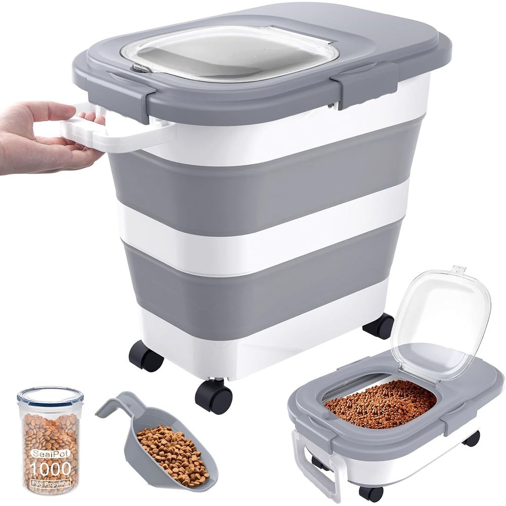 Food Storage For Dog - 気密性のあるドッグフード保存容器、蓋付き折りたたみ式大型ペットフード収納、ホイール、ハンドル、スクープ、小型キャットフード容器