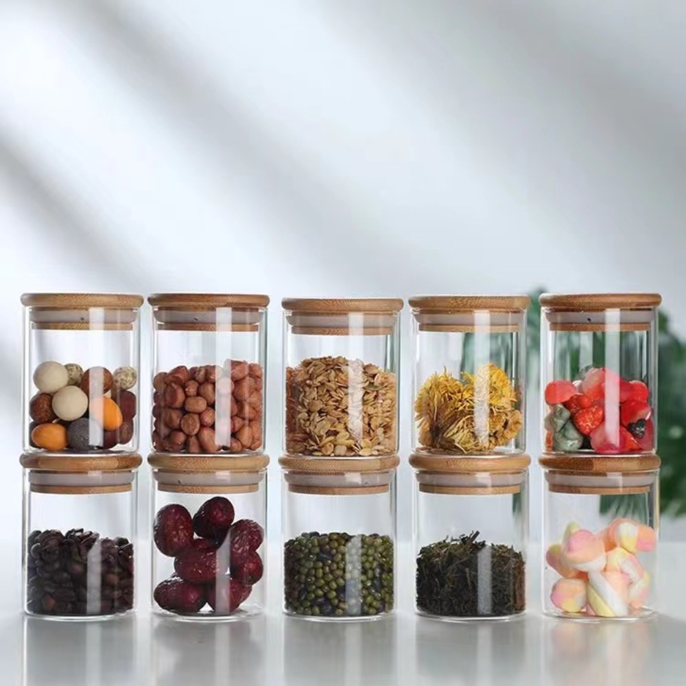 Food Storage With Glass Lids - 竹製の蓋付きのガラス製食品貯蔵タンク,キッチン,コーヒー豆,キャンディー,お茶の穀物,家庭用スナック貯蔵