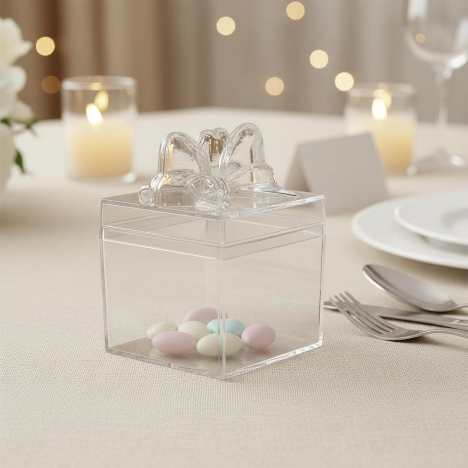 Food Storage Usa - 透明プラスチック製キャンディボックス、リボン付き多目的透明キャンディボックス、ミニキューブ容器、食品グレード、小物収納