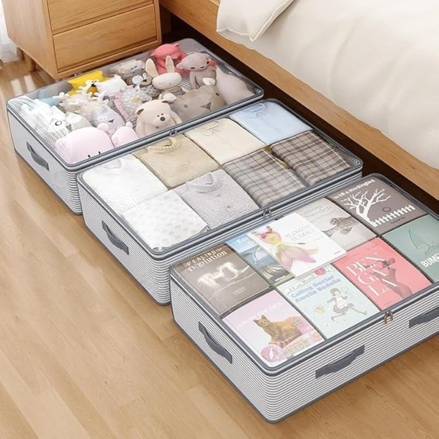 Food Storage Long Term - ベッド下収納ボックス1個、密閉蓋付きフラット薄型デザイン、広々とした容量、衣類やおもちゃの寝室の整理整頓、長期保管、スペース効率の高い整理に最適