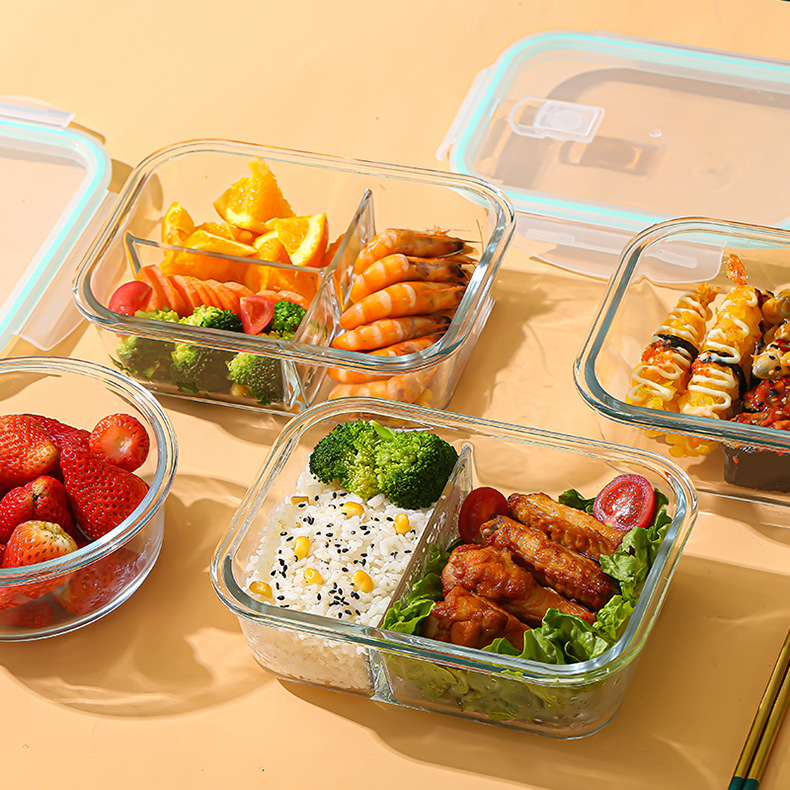 Food Storage Cupboard - ガラス製鮮度保持容器 高硼珪酸耐熱電子レンジ対応弁当箱 冷蔵庫専用密閉ボウル 食品保存容器