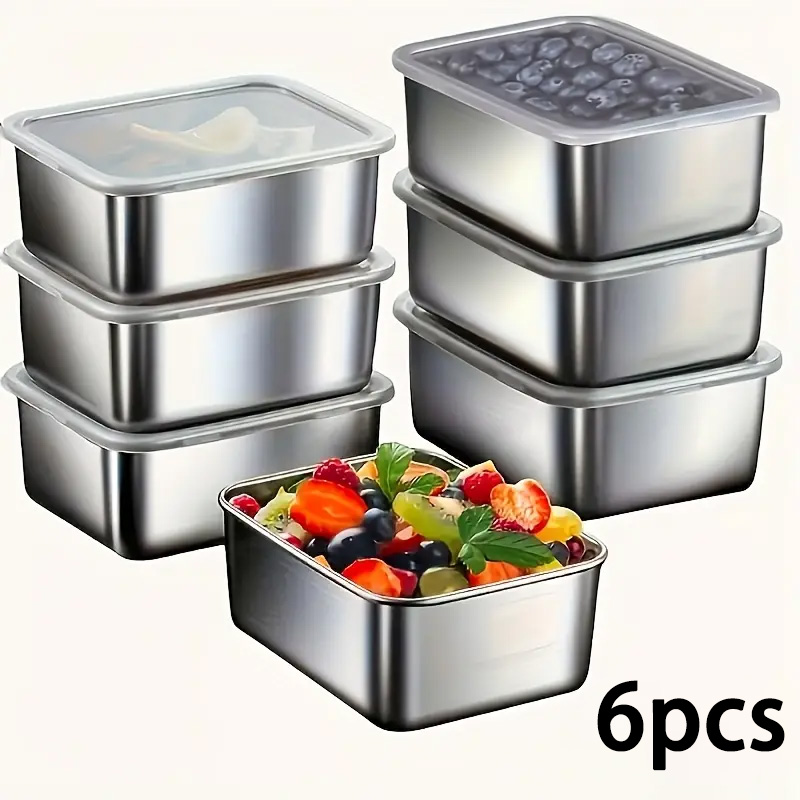 Food Storage Types - 蓋付きステンレススチール食品保存容器6個セット - 漏れ防止、積み重ね可能、キャンプ、ピクニック、学校用に再利用可能