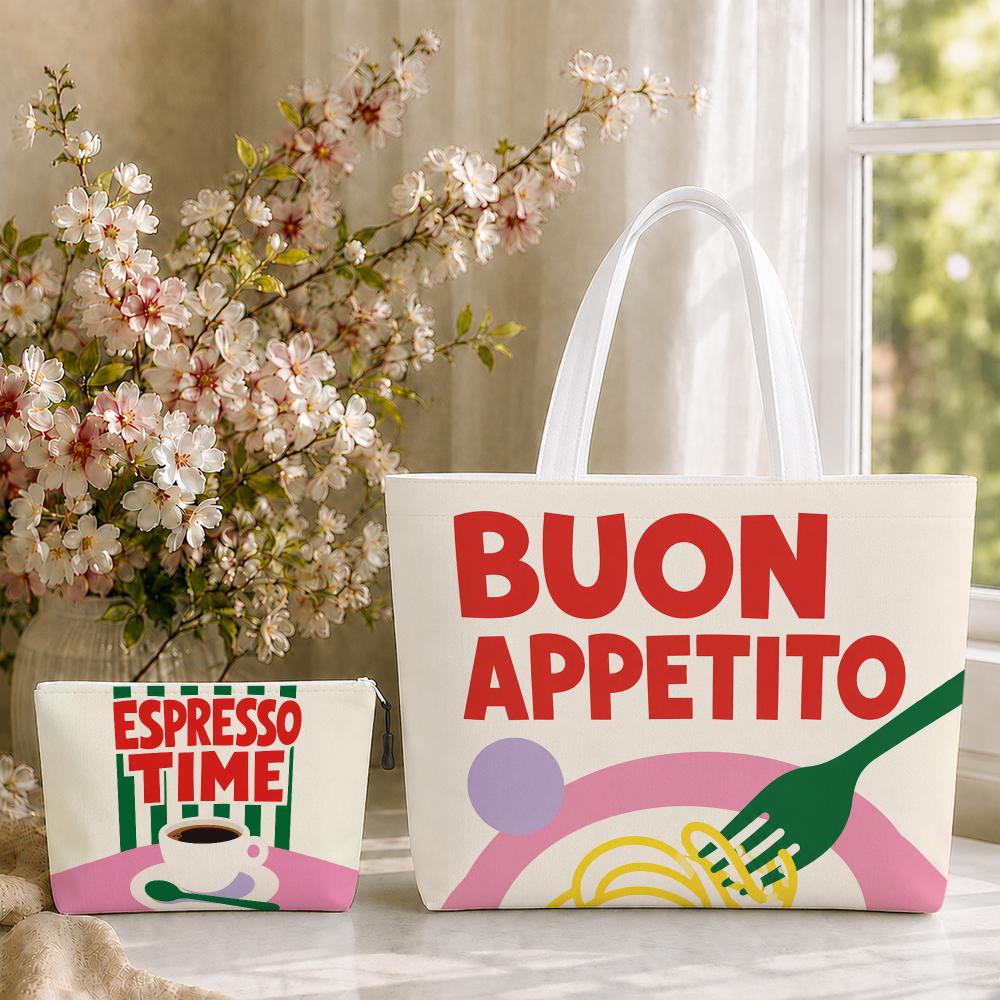 Food Storage Quotes - カラフルなフードアートの名言入り収納バッグ2点セット、両面プリント、ジッパー付きキャンバスショッピングトートバッグ、仕事や旅行用セット