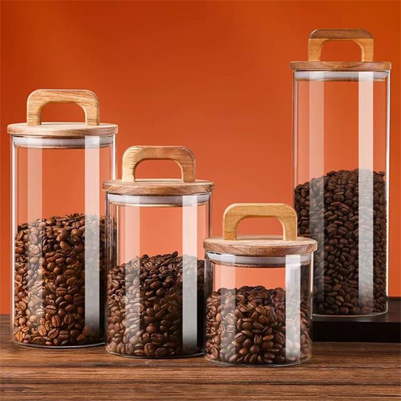Food Storage With Glass Lids - 透明なガラス瓶 竹蓋付き 密封キャニスター 食品保存容器 ルースティー コーヒー豆