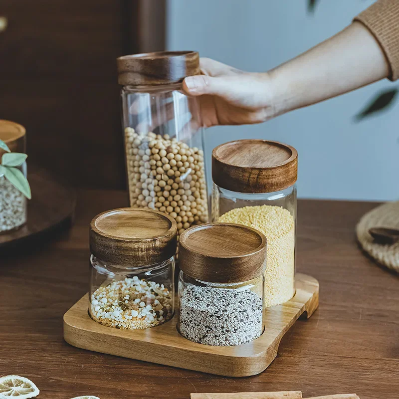 Food Storage With Glass Lids - 木製蓋付きガラスジャー,気密キャニスター,密閉フード容器,ベースセット付きディスペンサー,キッチンオーガナイザー