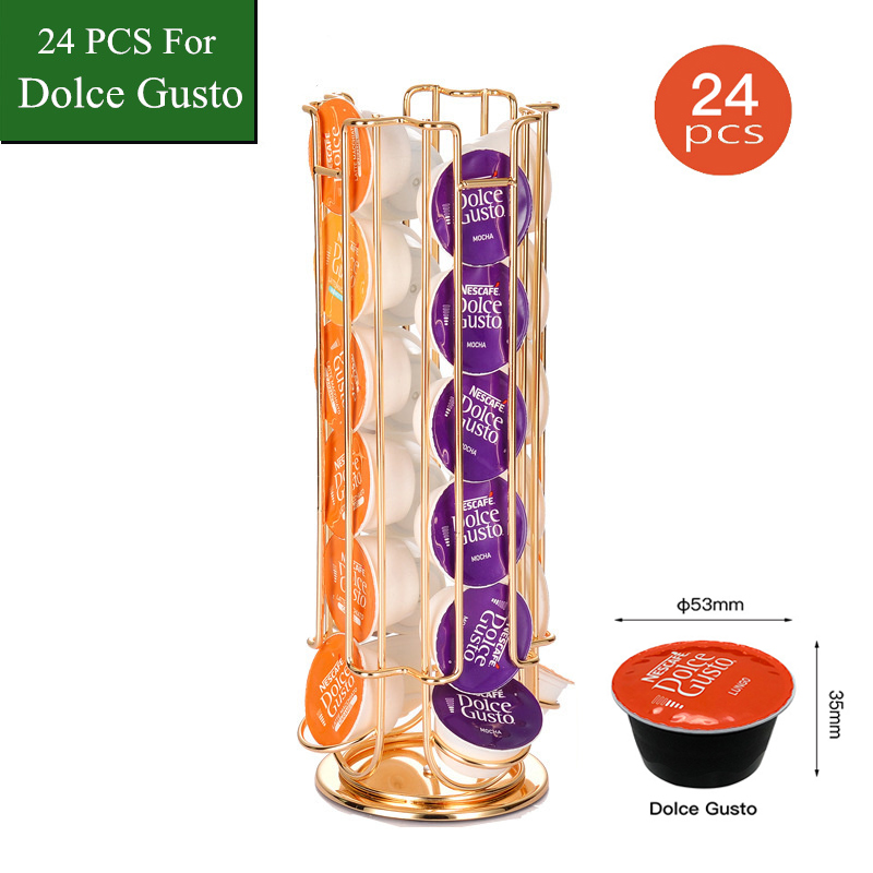 Food Storage Types - 新ゴールド24カップ回転可能なコーヒーポッド用ドルチェグストカプセルディスプレイカプセルラックタワースタンド収納棚