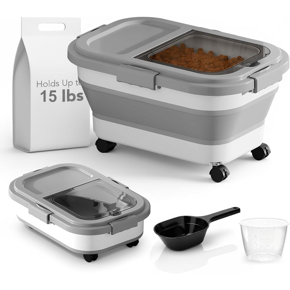 Food Storage For Dog - 15ポンドの犬/猫用フード収納容器、折りたたみ式フード収納容器（回転ホイール付き、気密ロック式蓋付き）、ペットフード収納