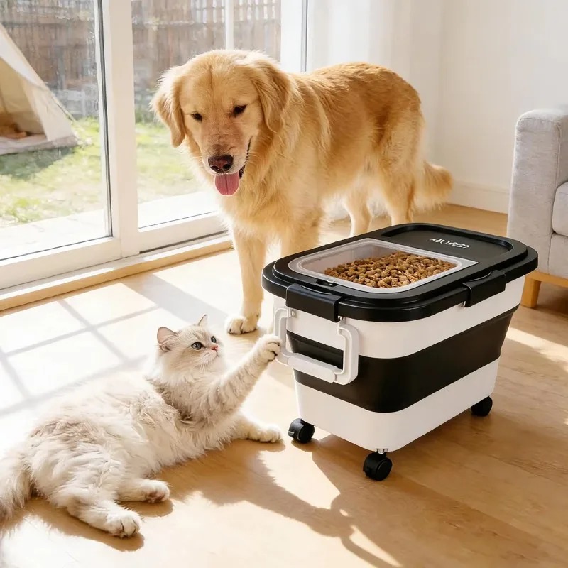Food Storage For Dog - 犬用フード保存容器 20～25ポンド、気密ペットフードビン、ロック式蓋付き、折りたたみ式、キャスター付き収納容器