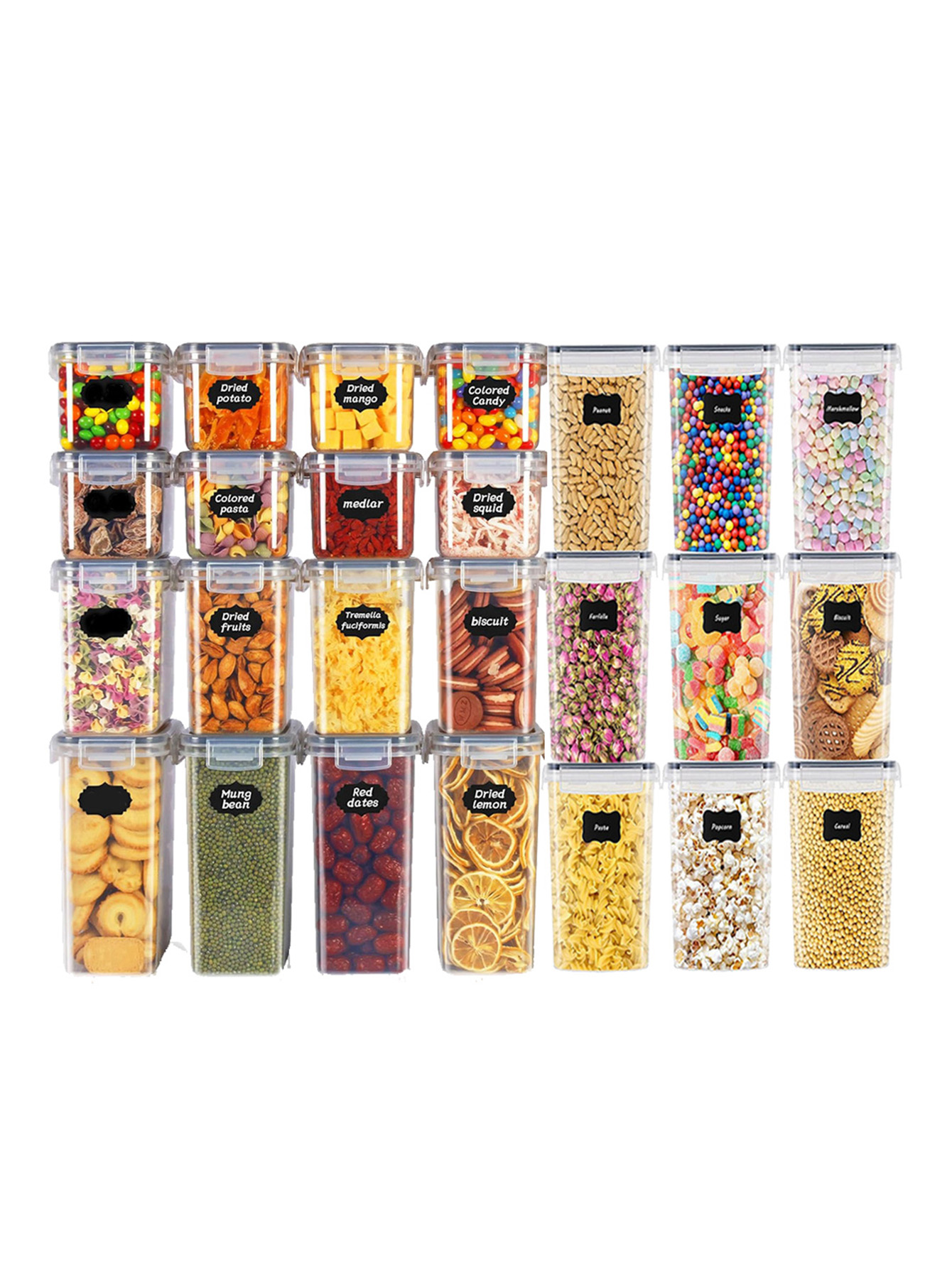 Food Storage Utensils - 48個入り、蓋付き密封食品保存容器、プラスチック製キッチンパントリー、乳糖、穀物、小麦粉、砂糖用の乾物保存瓶、ラベル付き