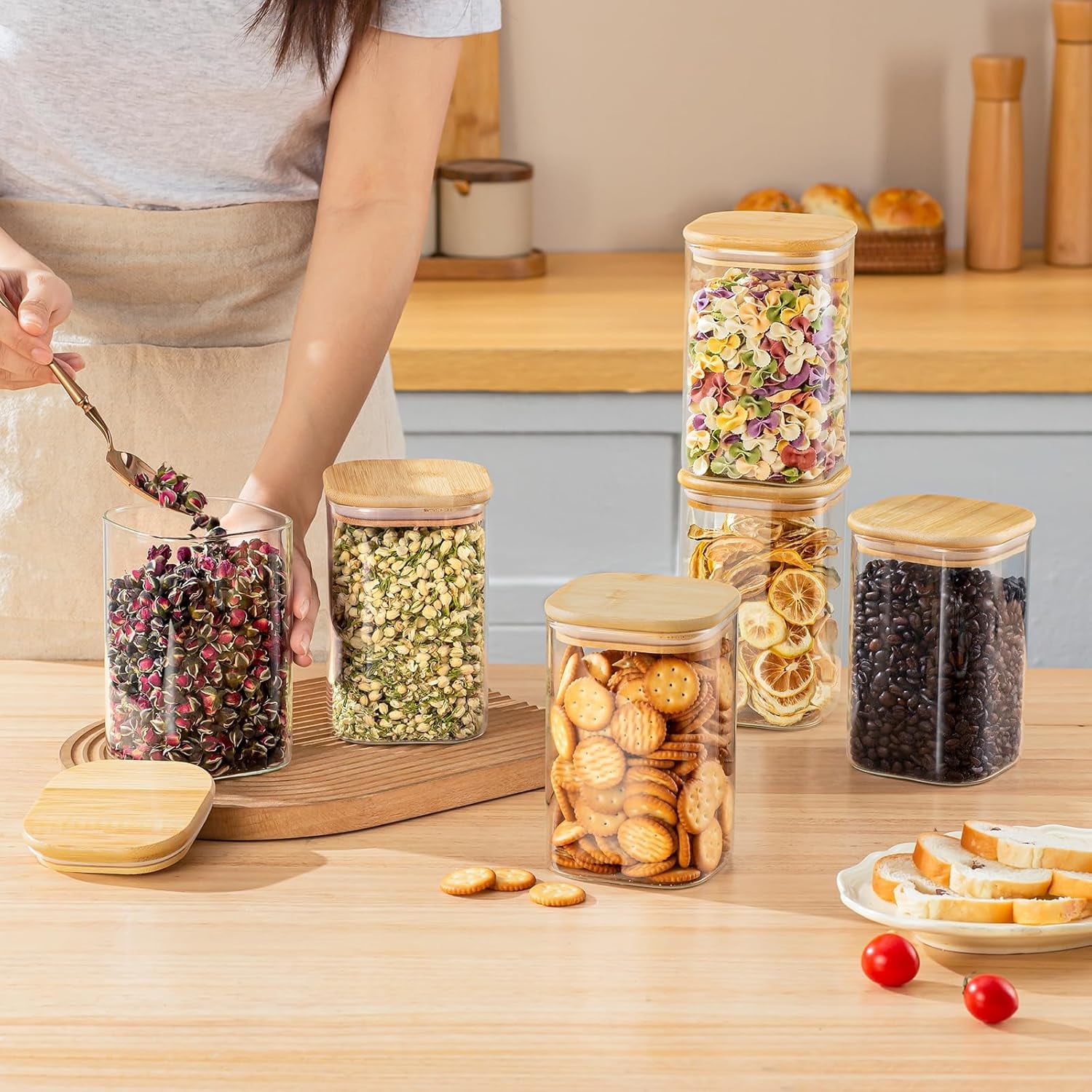 6個セットガラス製食品保存容器 モダンな正方形ガラスキャニス - Food Storage With Glass Lids のレビューと価格