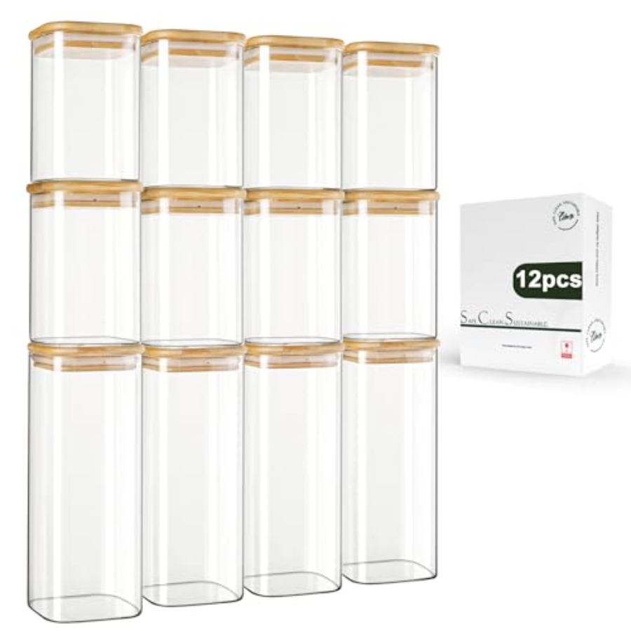 12個入り正方形ガラス保存瓶 竹製蓋付き 0.6クォート/1 - Food Storage With Glass Lids のレビューと価格
