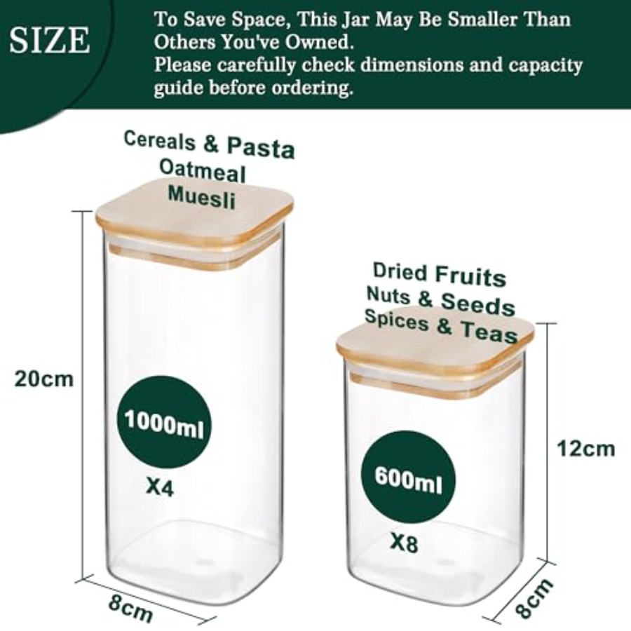 12個入り正方形ガラス保存瓶 竹製蓋付き 0.6クォート/1 - Food Storage With Glass Lids のレビューと価格