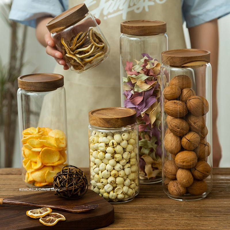 木製蓋ガラス気密キャニスターキッチン収納ボトル瓶食品容器穀物 - Food Storage With Glass Lids のレビューと価格
