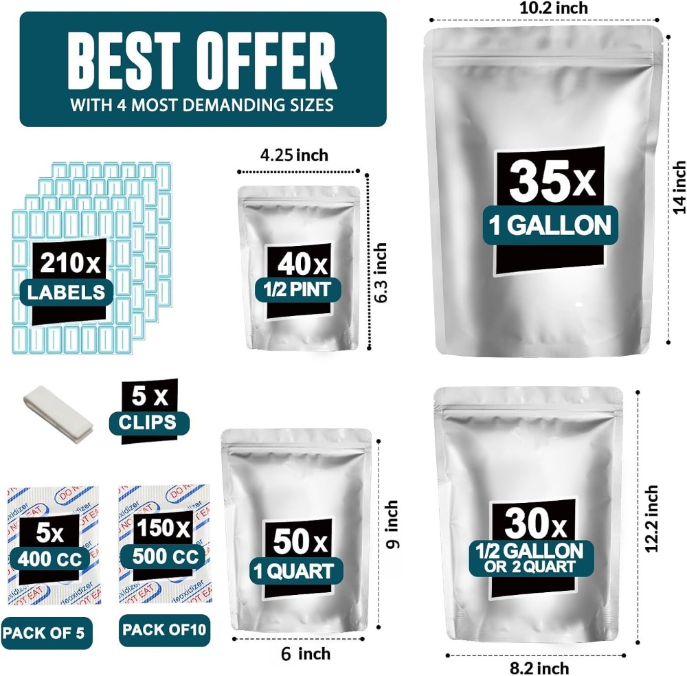 155枚のマイラーバッグ、155個の酸素吸収剤付き-210ラ - Food Storage Long Term のレビューと価格